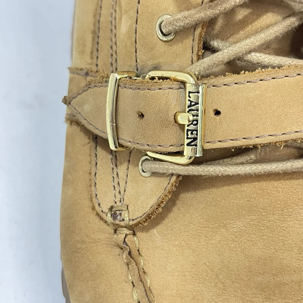 Polo Ralph Lauren Ranger Boots Size 8.5B Tan Leather Lace Up Buckle Combat Style